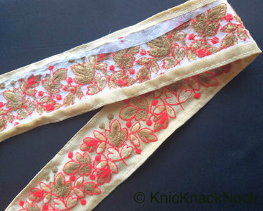 Beige Fabric Trim, Floral Embroidery in Red And Beige / Green And Yellow, Approx. 45mm- 210119L39/40